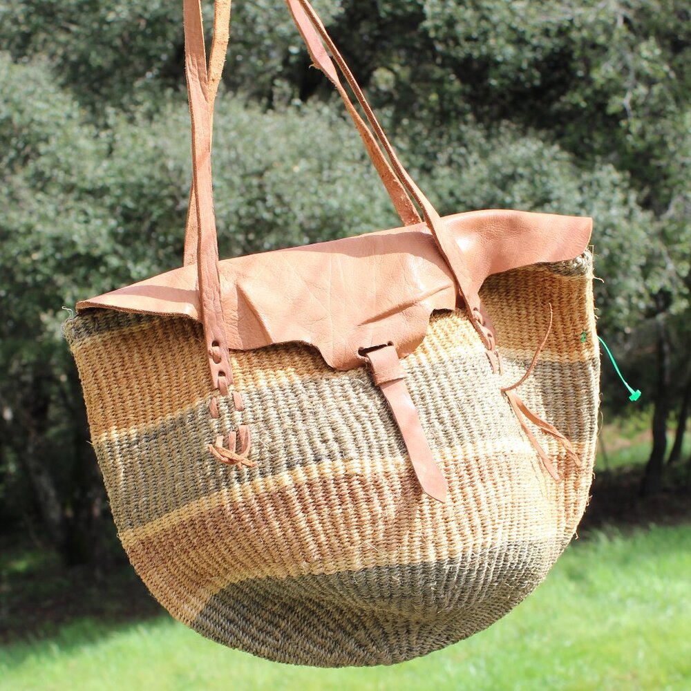 NWOT Handmade Woven Basket Tote, Purse With Leather Cover And Straps